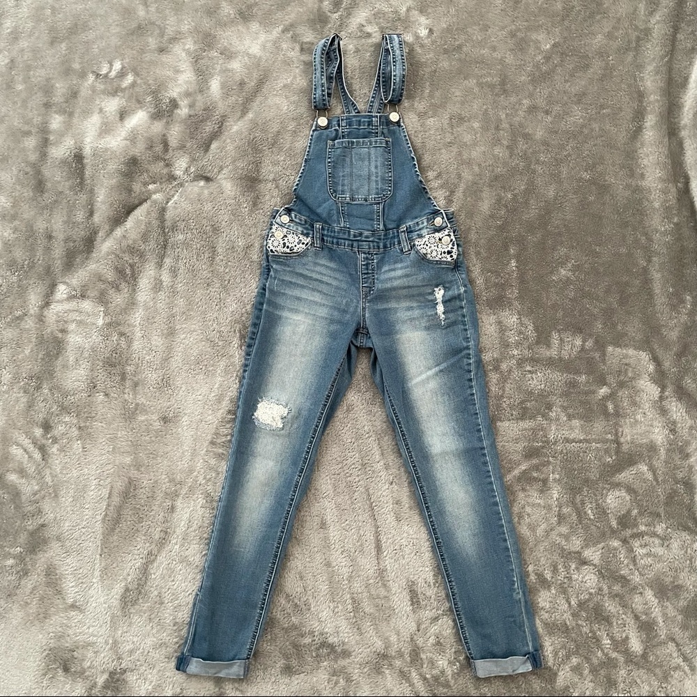 Justice Distressed Ripped Super Skinny Overall Pants Lace Pocket Girl’s Size 12